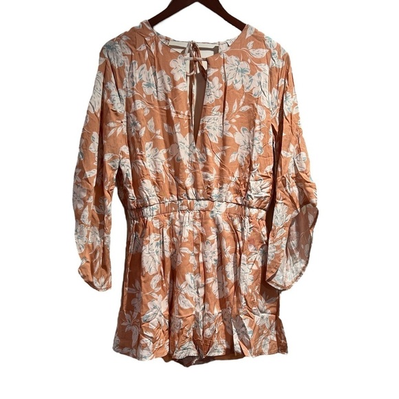 Blush Peach Floral Print Romper Bell Sleeve - Picture 1 of 10